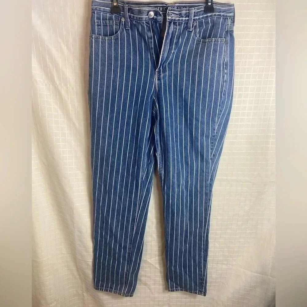 American Eagle Mom Striped Denim Jeans Straight Leg Women’s Size 8 long